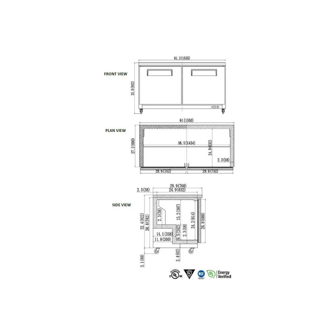 Valpro VPUCF60 60" 2-Door Undercounter Freezer, Stainless Steel Exterior, Self-Contained, 15.5 cu. ft.