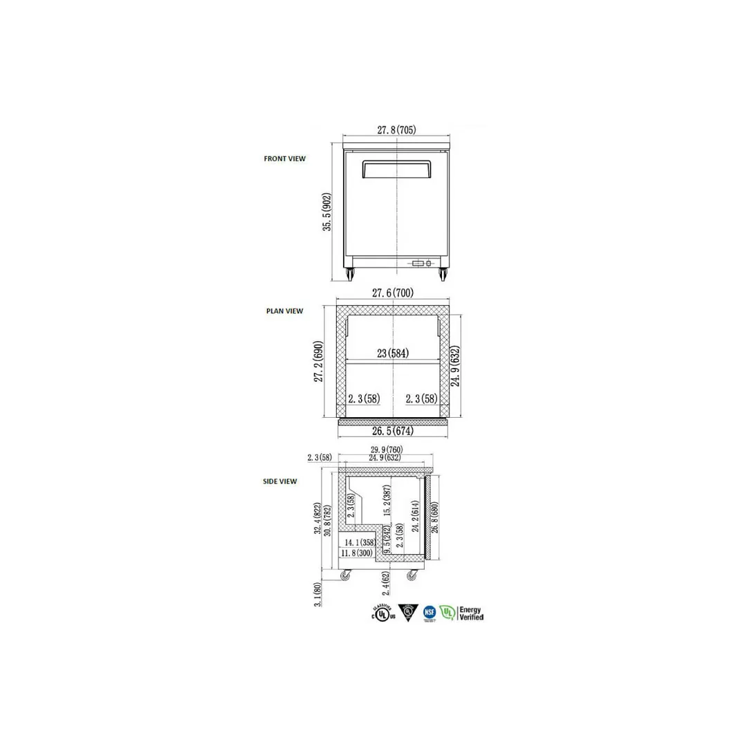 Valpro VPUCR27 27" 1-Section Undercounter Refrigerator w/ 1 Door, 6.5 cu. ft.