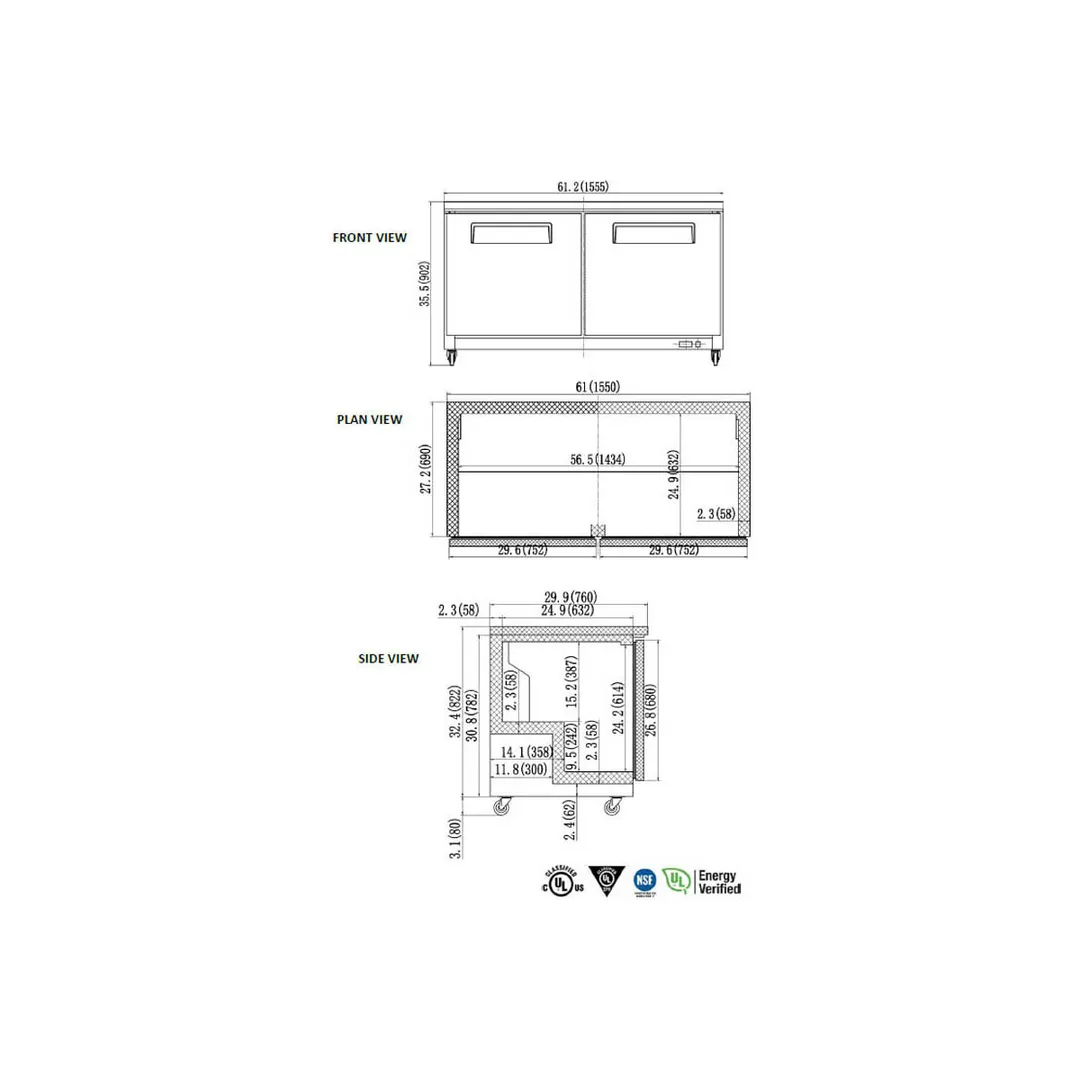 Valpro VPUCR60 61" 2-Section Undercounter Refrigerator w/ 2 Doors, 15.5 cu. ft.