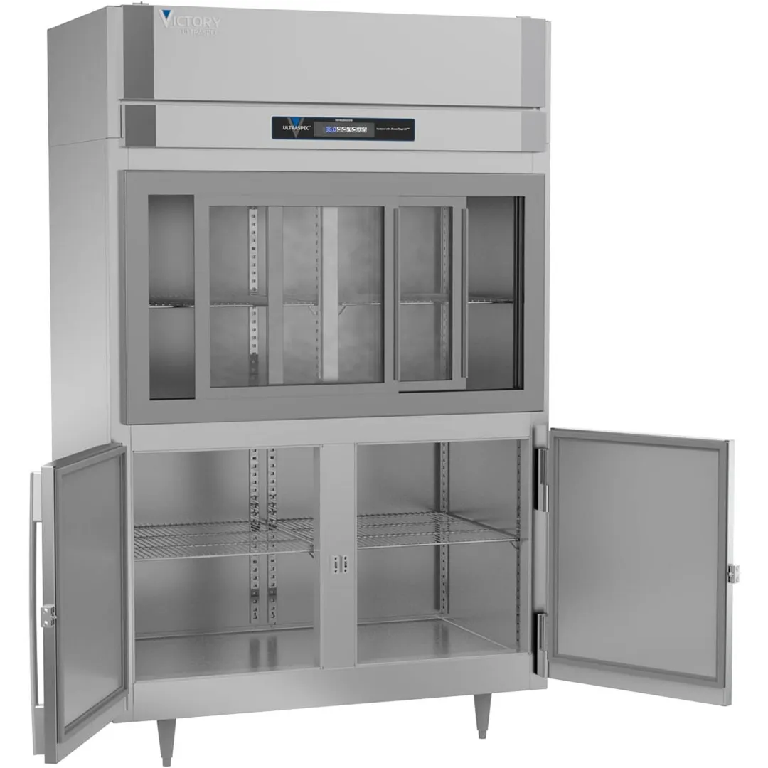 Victory DRSA-2D-S1-HD-HC 52" 2-Section Reach-In Refrigerator w/ 2 Sliding Glass & 2 Swing Solid Half Doors, Aluminum Interior, 45 cu. ft.