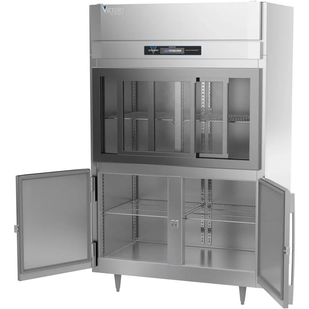 Victory DRSA-2D-S1-HD-HC 52" 2-Section Reach-In Refrigerator w/ 2 Sliding Glass & 2 Swing Solid Half Doors, Aluminum Interior, 45 cu. ft.