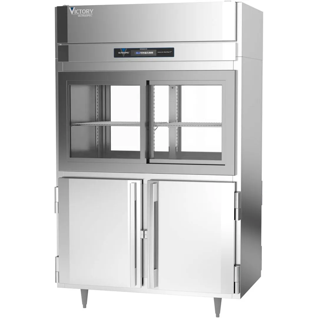 Victory DRSA-2D-S1-PT-HD-HC 52" 2-Section Pass-Thru Refrigerator, 4 Glass Sliding & 4 Solid Hinged Half Doors, Aluminum Interior, 48.5 cu ft