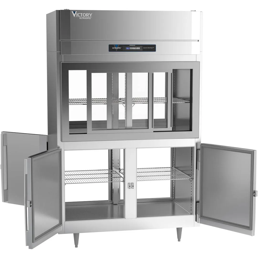 Victory DRSA-2D-S1-PT-HD-HC 52" 2-Section Pass-Thru Refrigerator, 4 Glass Sliding & 4 Solid Hinged Half Doors, Aluminum Interior, 48.5 cu ft