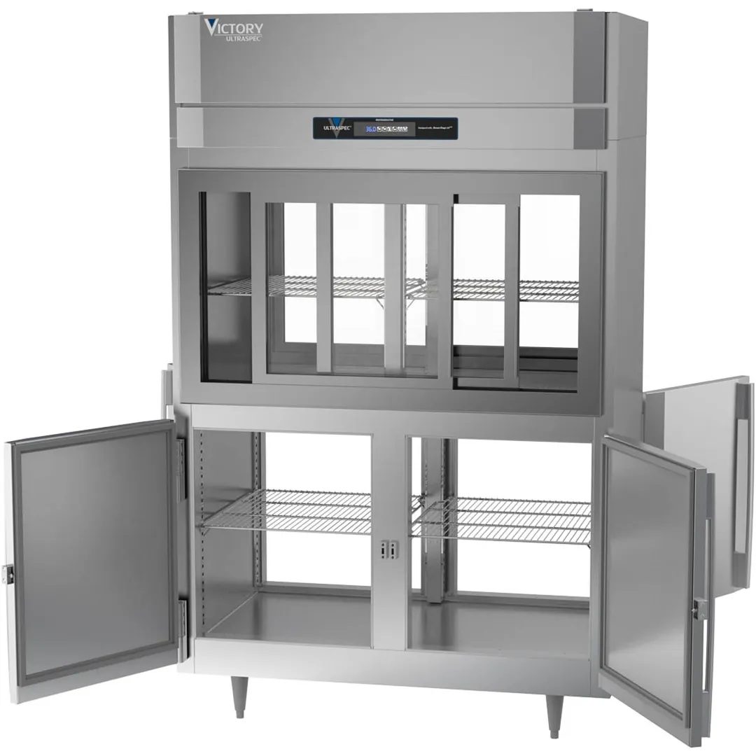 Victory DRSA-2D-S1-PT-HD-HC 52" 2-Section Pass-Thru Refrigerator, 4 Glass Sliding & 4 Solid Hinged Half Doors, Aluminum Interior, 48.5 cu ft