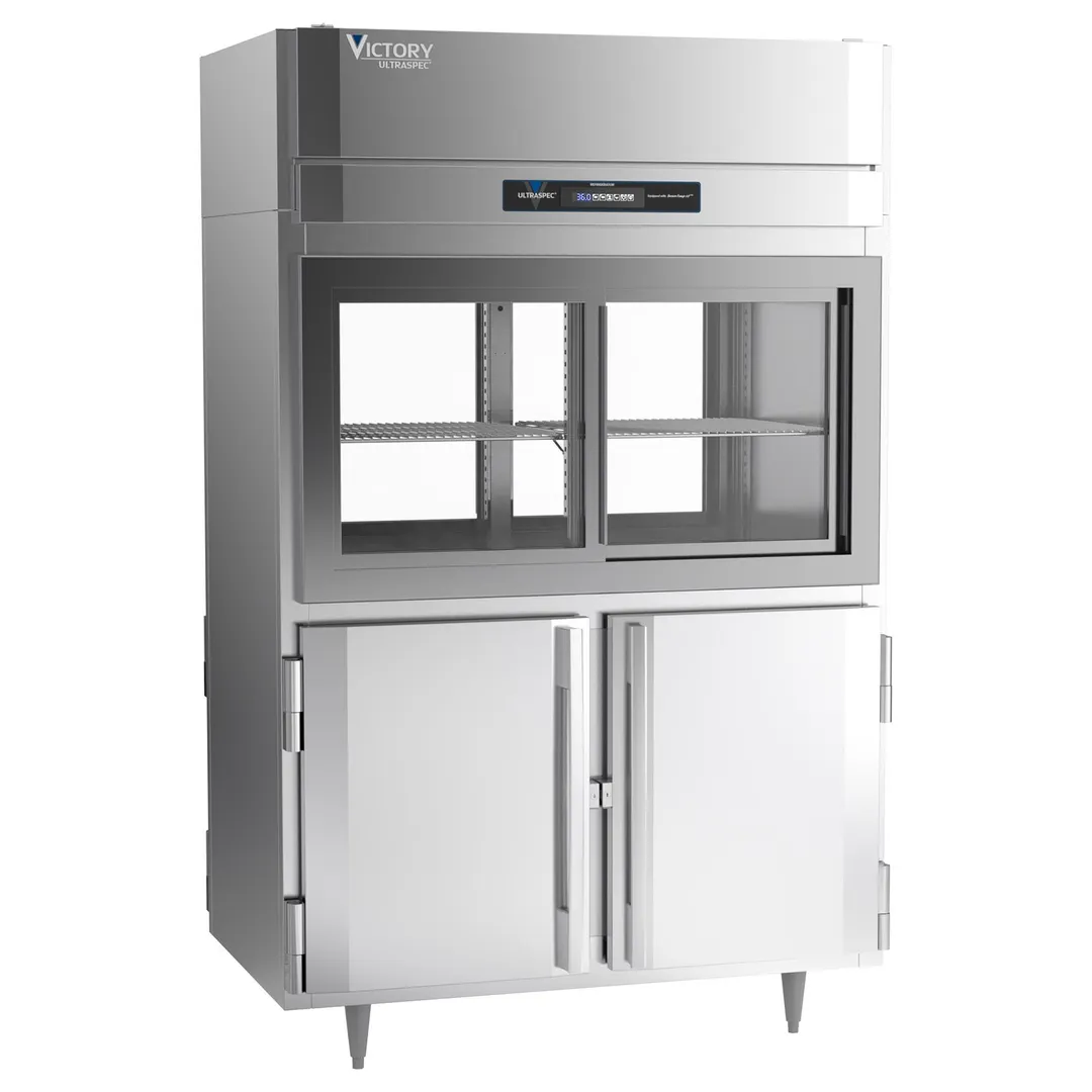 Victory DRSA-2D-S1-PT-HD-HC 52" 2-Section Pass-Thru Refrigerator, 4 Glass Sliding & 4 Solid Hinged Half Doors, Aluminum Interior, 48.5 cu ft