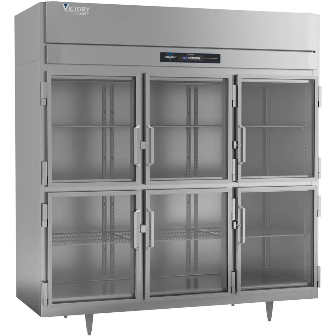 Victory RSA-3D-S1-EW-HG-HC 86" 3-Section Wide Reach-In Refrigerator w/ 6 Glass Swing Half Doors, Aluminum Interior, 74 cu. ft.