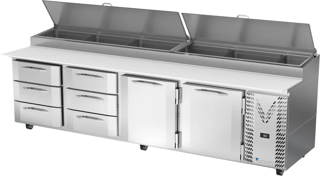 Victory VPPD119HC-6T 118" 4-Section Refrigerated Pizza Prep Table w/ 2 Doors & 6 Drawers