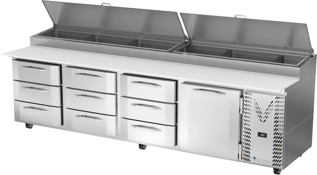 Victory VPPD119HC-9 118" 4-Section Refrigerated Pizza Prep Table w/ 1 Door & 9 Drawers