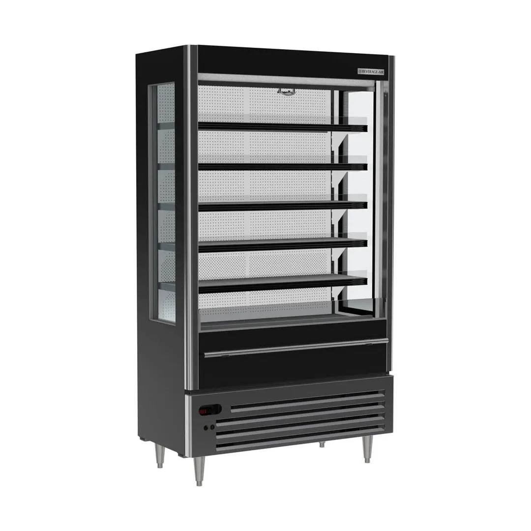 Beverage Air VMHCSL-18-1-B 47" Black Slim Open Air Merchandiser, 5 Shelves, Vertical Case, Glass Sides, 23 cu. ft.