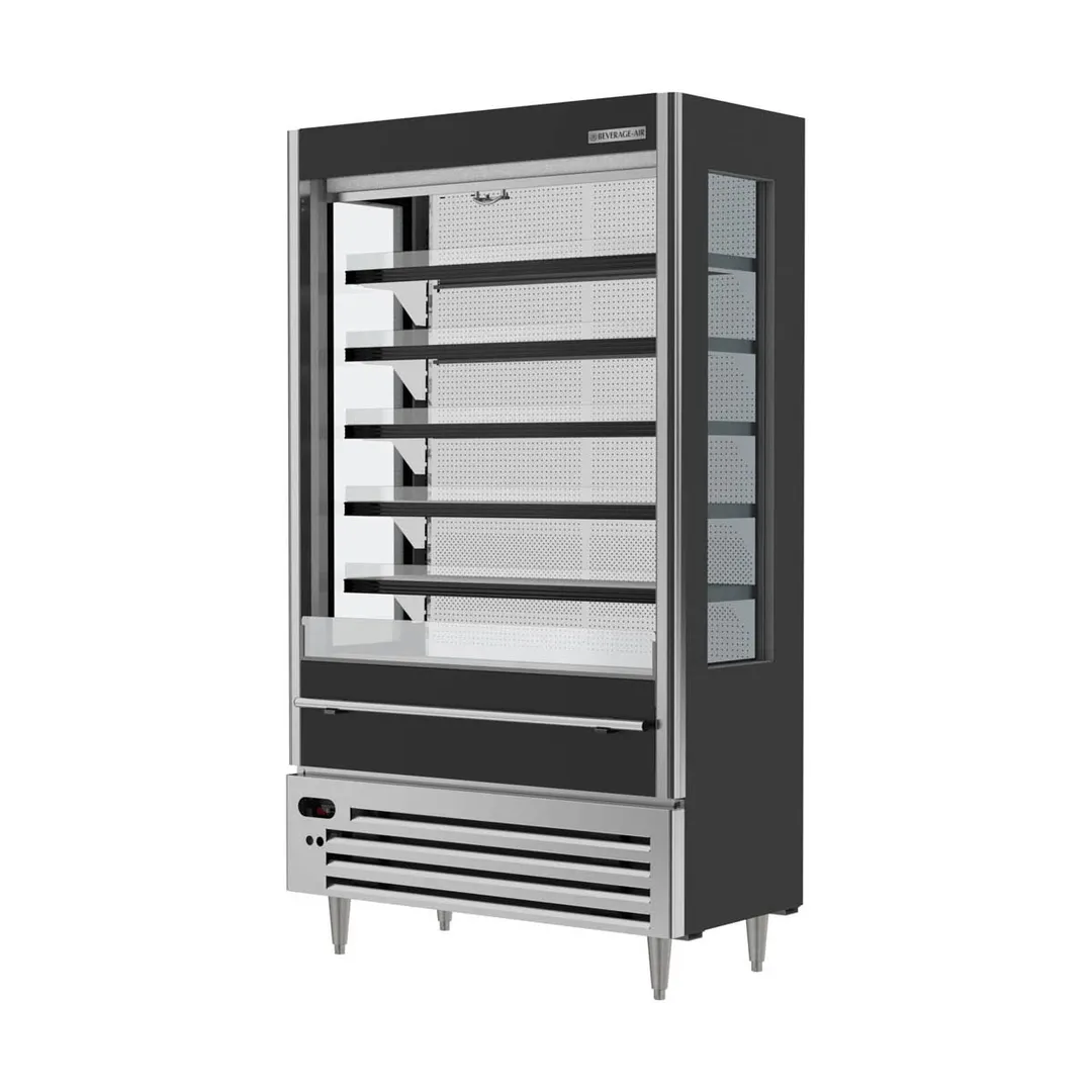 Beverage Air VMHCSL-18-1-B 47" Black Slim Open Air Merchandiser, 5 Shelves, Vertical Case, Glass Sides, 23 cu. ft.