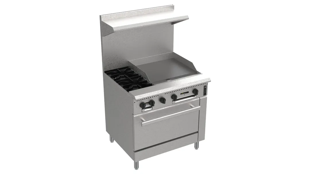 Venancio USA PRM36G-ST 36" Gas Restaurant Range w/ (2) Open Burners, 24" Griddle Right, (1) Standard Oven, 151.000 BTU