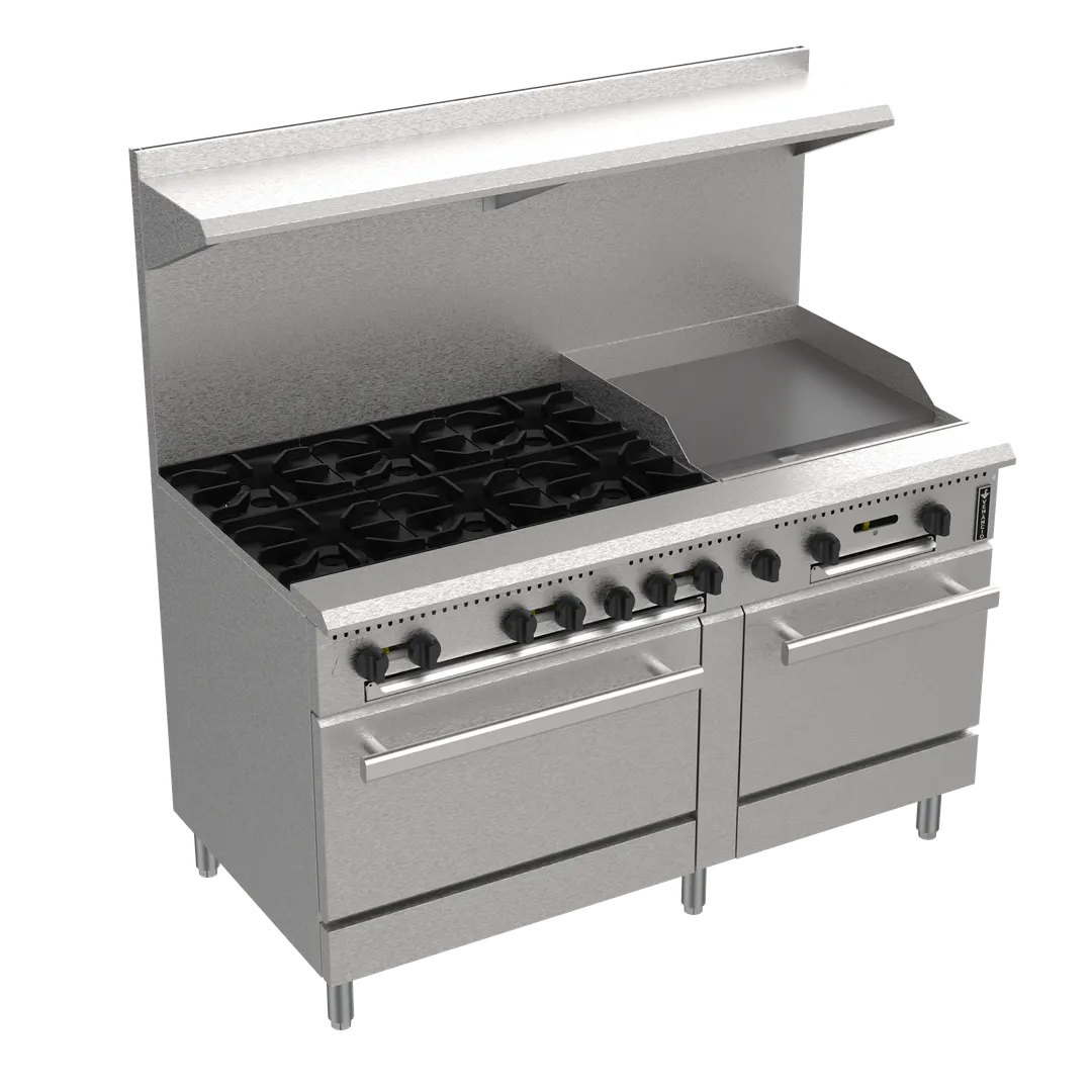 Venancio USA PRM60G-ST 60" Gas Restaurant Range w/ (6) Open Burners, 24" Griddle Right, (1) Standard Oven, (1) Space Saver Oven, 293.000 BTU