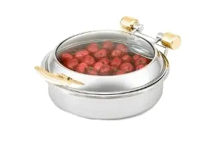 Vollrath 46124 Intrigue Induction Chafer – Rd 6‑Qt, 18‑8 SS + Brass Trim, 18‑0 SS Food Pan, Lid