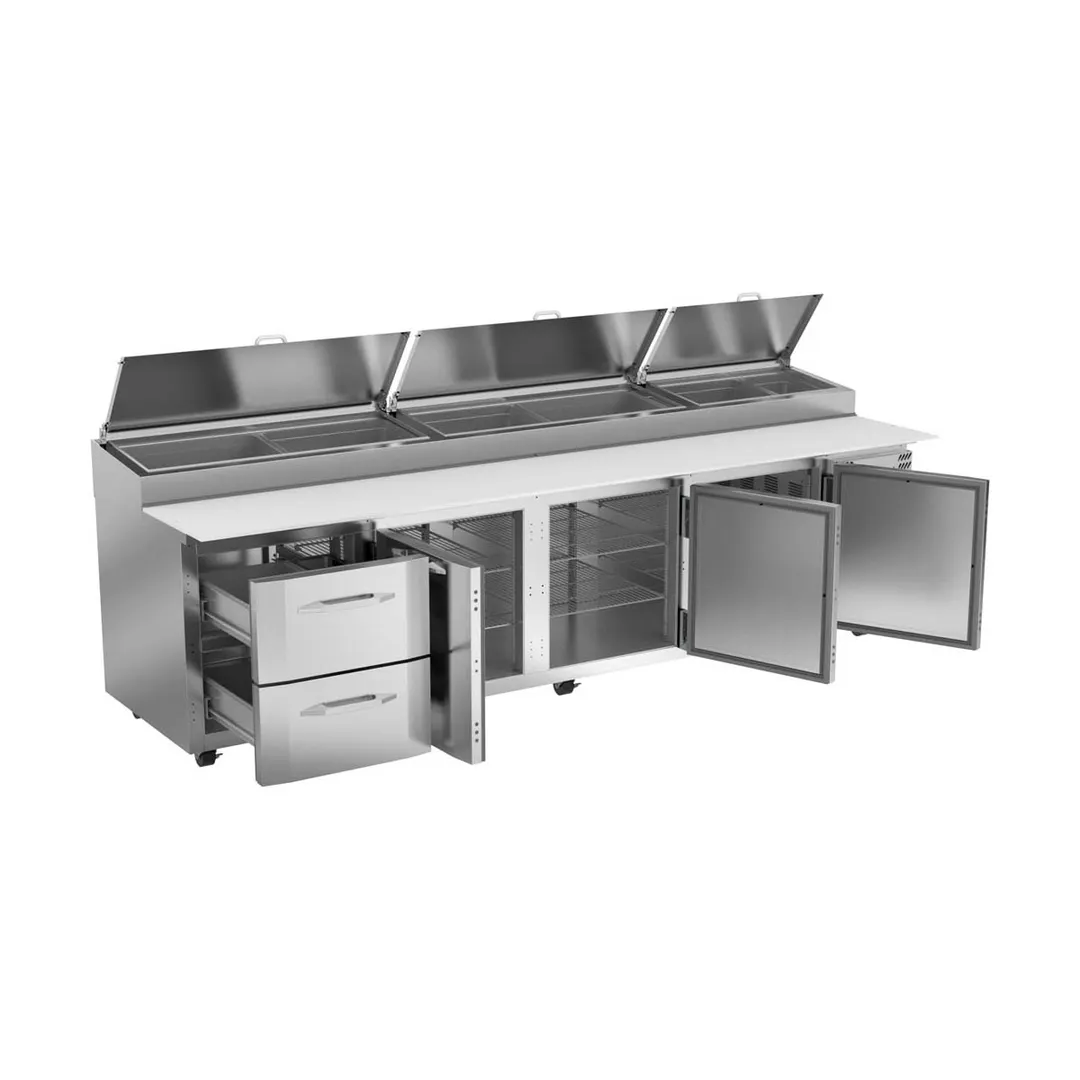 Victory VPPD119HC-2 118" 4-Section Refrigerated Pizza Prep Table w/ 3 Doors & 2 Drawers