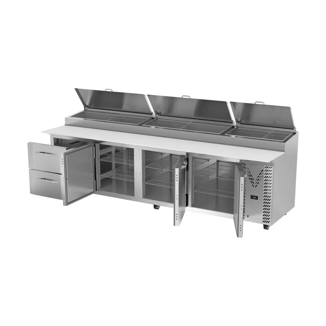 Victory VPPD119HC-2 118" 4-Section Refrigerated Pizza Prep Table w/ 3 Doors & 2 Drawers
