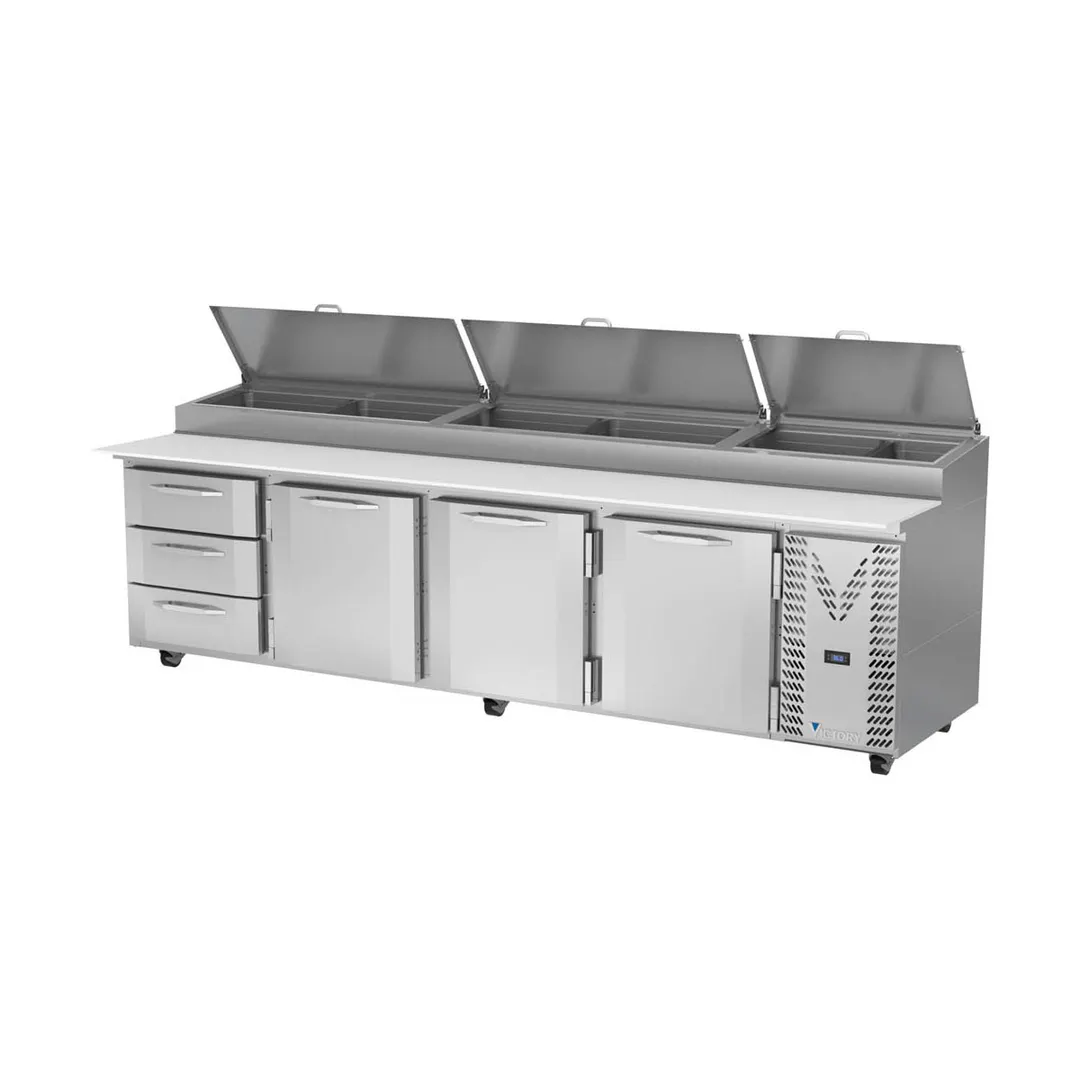 Victory VPPD119HC-3 118" 4-Section Refrigerated Pizza Prep Table w/ 3 Doors & 3 Drawers