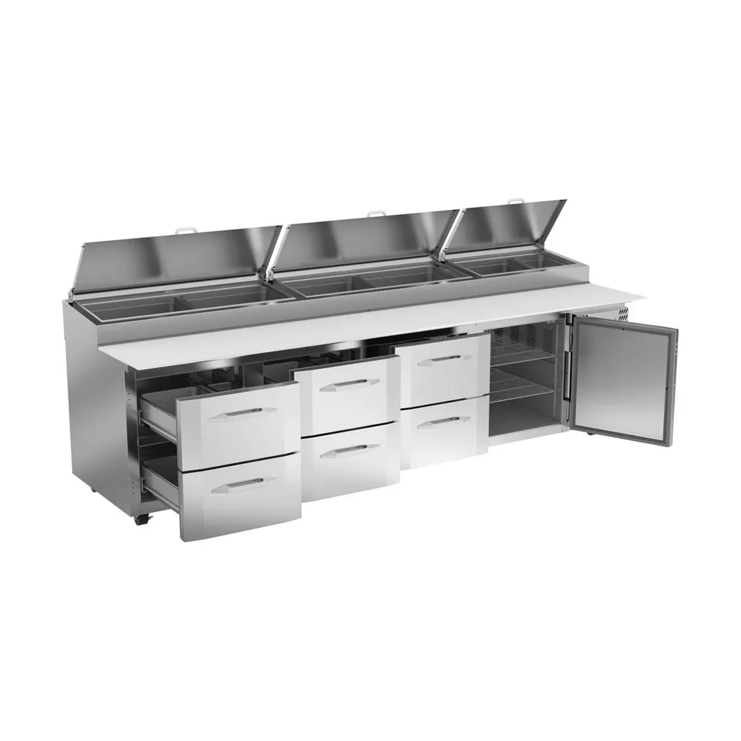 Victory VPPD119HC-6 118" 4-Section Refrigerated Pizza Prep Table w/ 1 Door & 6 Drawers