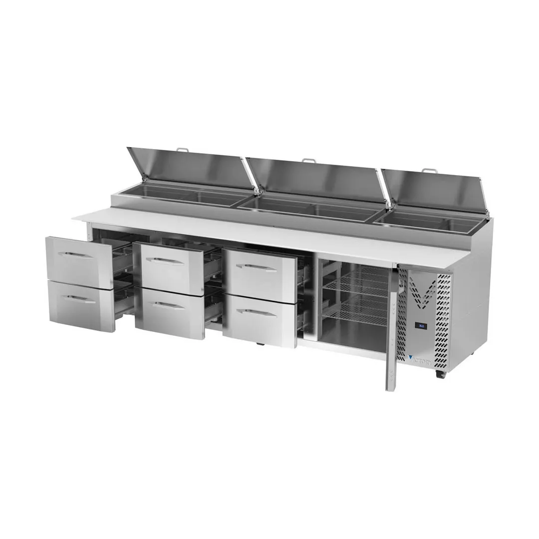 Victory VPPD119HC-6 118" 4-Section Refrigerated Pizza Prep Table w/ 1 Door & 6 Drawers