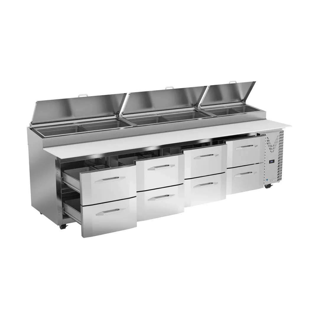 Victory VPPD119HC-8 118" 4-Section Refrigerated Pizza Prep Table w/ 8 Drawers, 42 cu. ft.