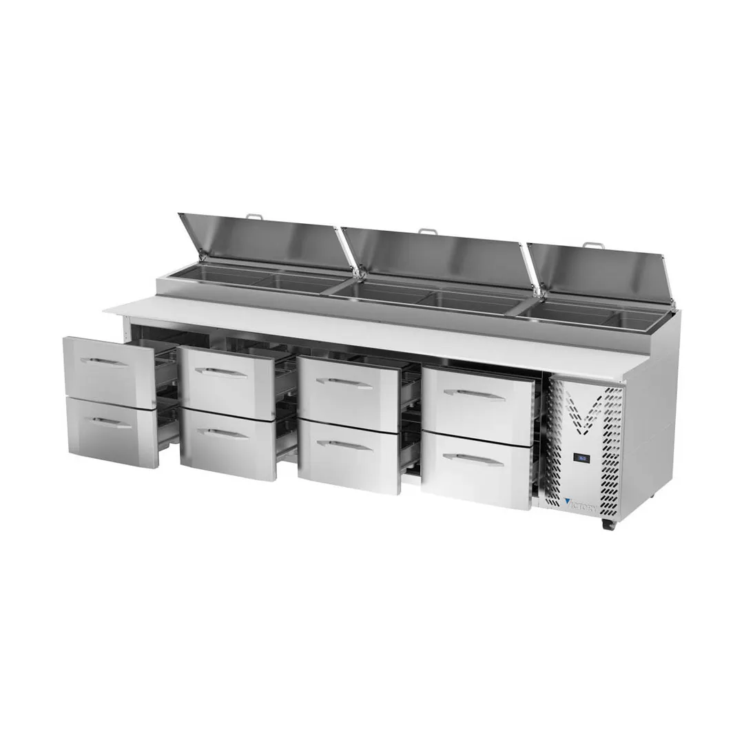 Victory VPPD119HC-8 118" 4-Section Refrigerated Pizza Prep Table w/ 8 Drawers, 42 cu. ft.