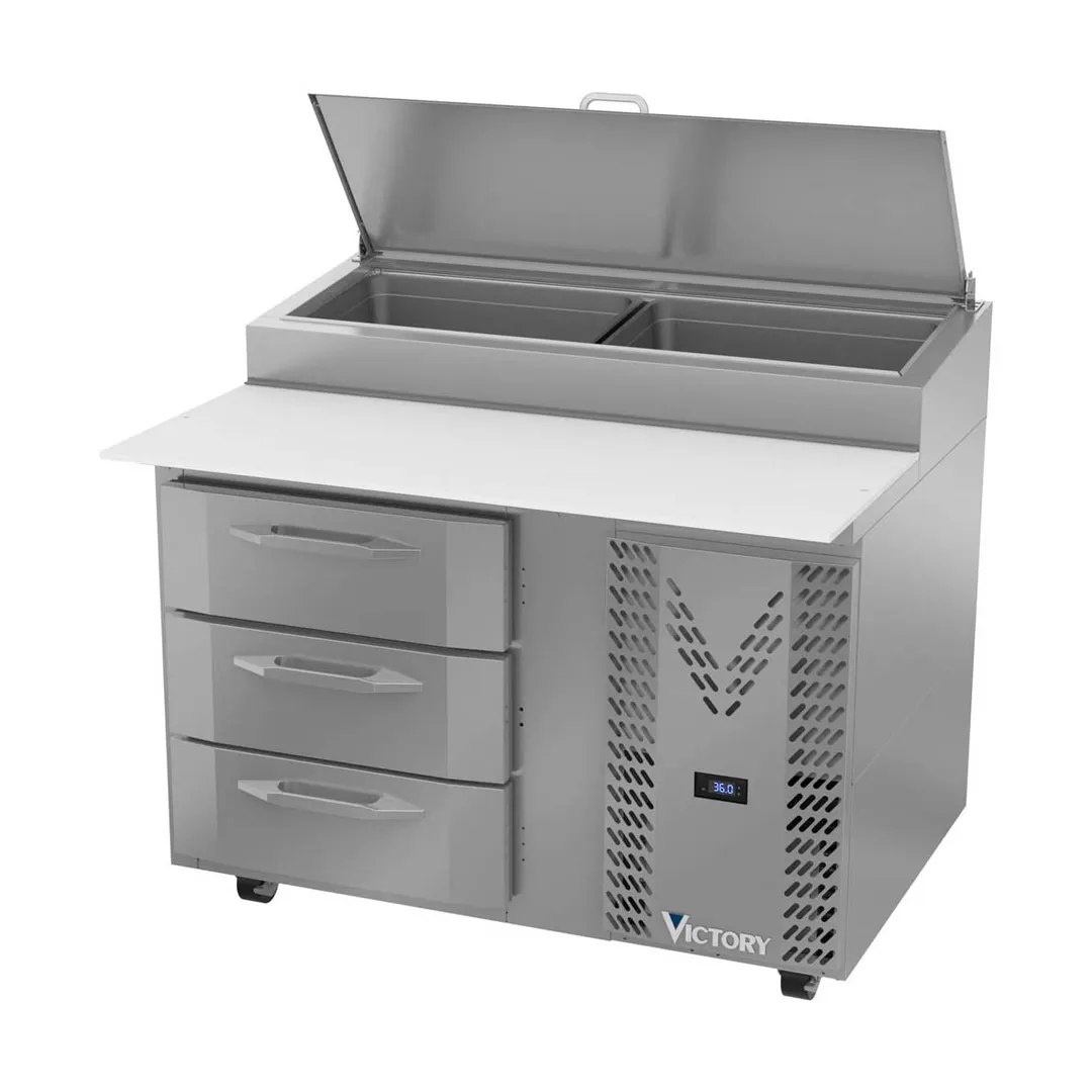 Victory VPPD46HC-3 46" 1-Section Refrigerated Pizza Prep Table w/ 3 Drawers, 12 cu. ft.