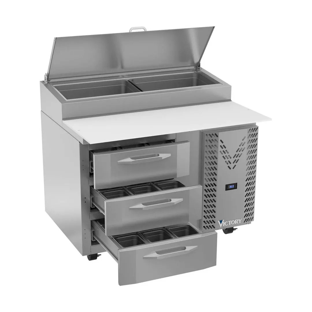 Victory VPPD46HC-3 46" 1-Section Refrigerated Pizza Prep Table w/ 3 Drawers, 12 cu. ft.
