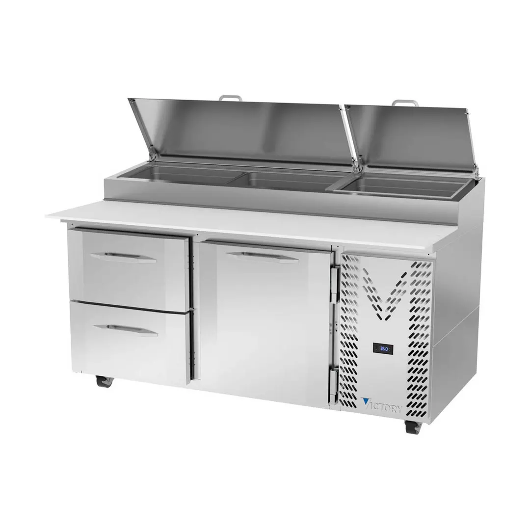 Victory VPPD67HC-2 67" 2-Section Refrigerated Pizza Prep Table w/ 1 Door & 2 Drawers