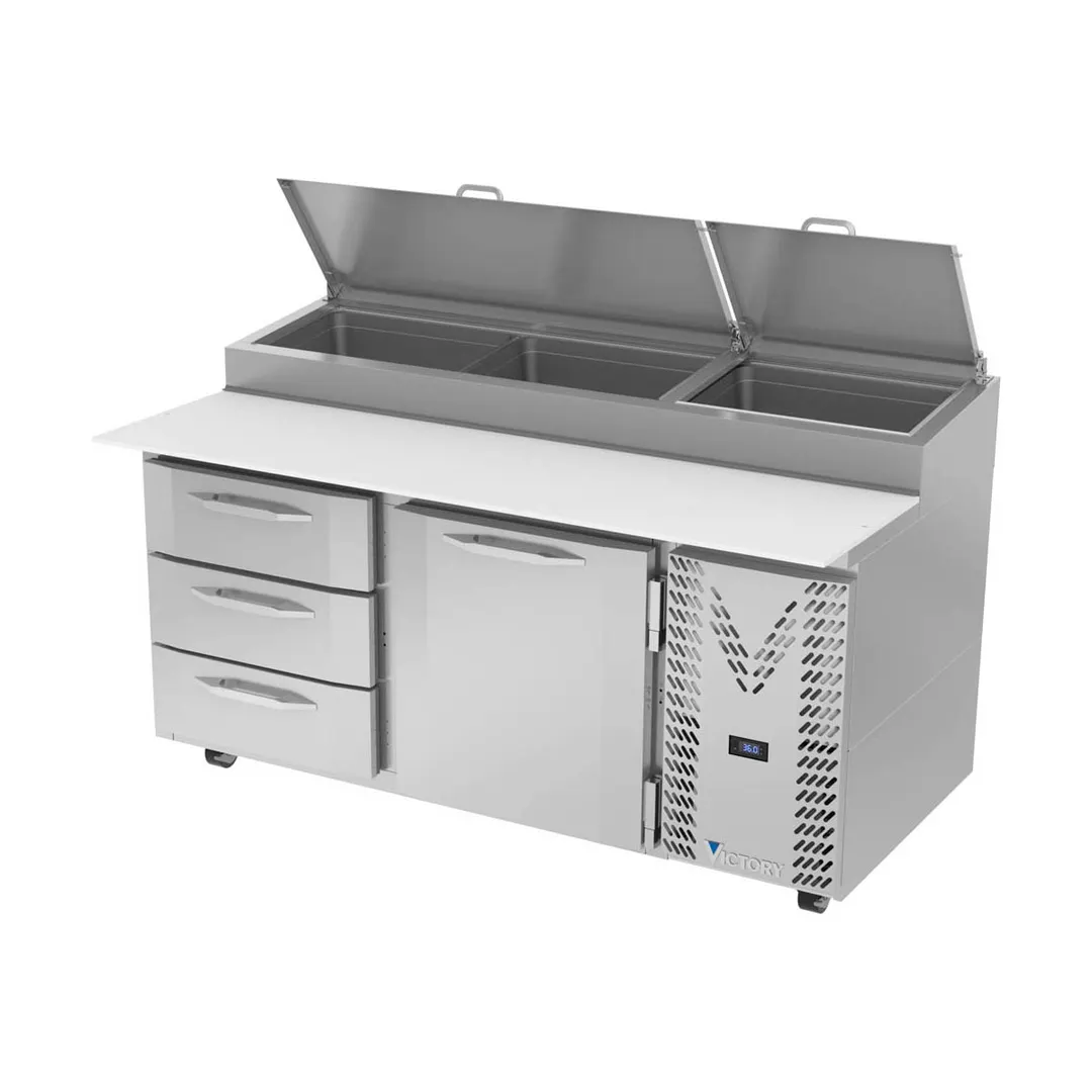 Victory VPPD67HC-3 67" 2-Section Refrigerated Pizza Prep Table w/ 1 Door & 3 Drawers