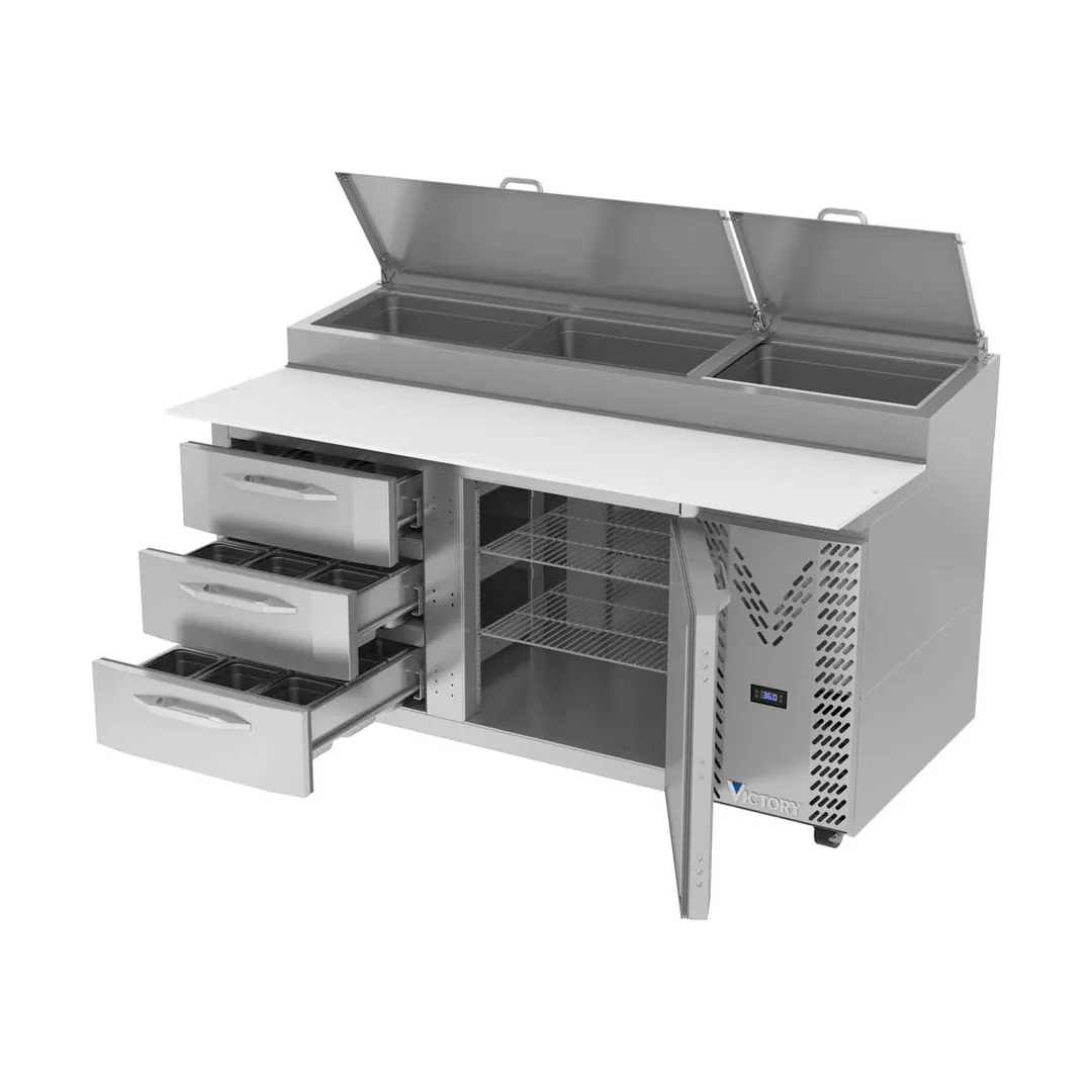 Victory VPPD67HC-3 67" 2-Section Refrigerated Pizza Prep Table w/ 1 Door & 3 Drawers