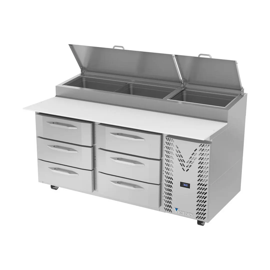 Victory VPPD67HC-6 67"2-Section Refrigerated Pizza Prep Table w/ 6 Drawers, 20.68 cu. ft.