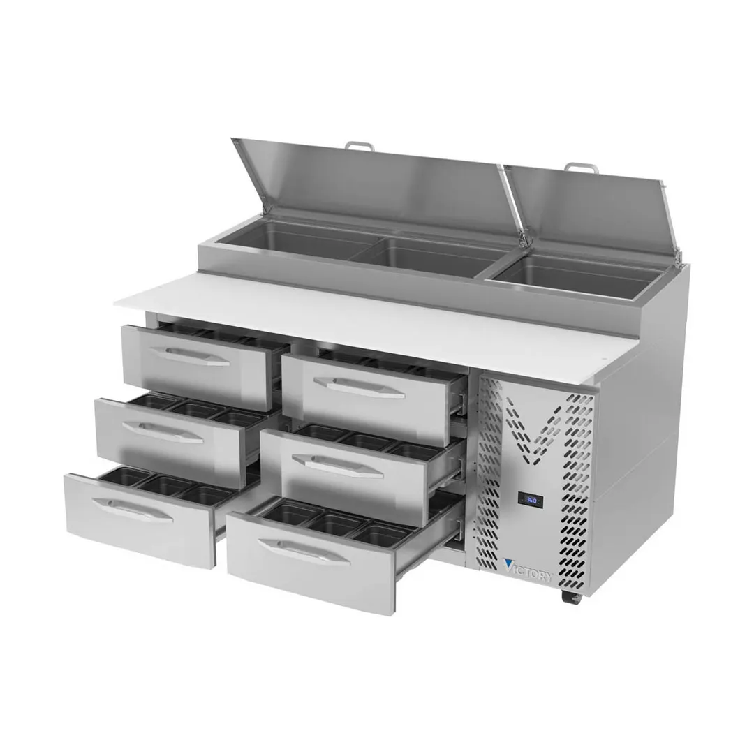 Victory VPPD67HC-6 67"2-Section Refrigerated Pizza Prep Table w/ 6 Drawers, 20.68 cu. ft.
