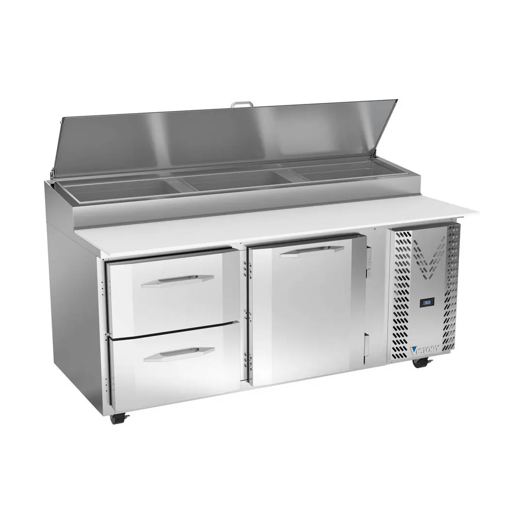 Victory VPPD72HC-2 72" 2-Section Refrigerated Pizza Prep Table w/ 1 Door & 2 Drawers