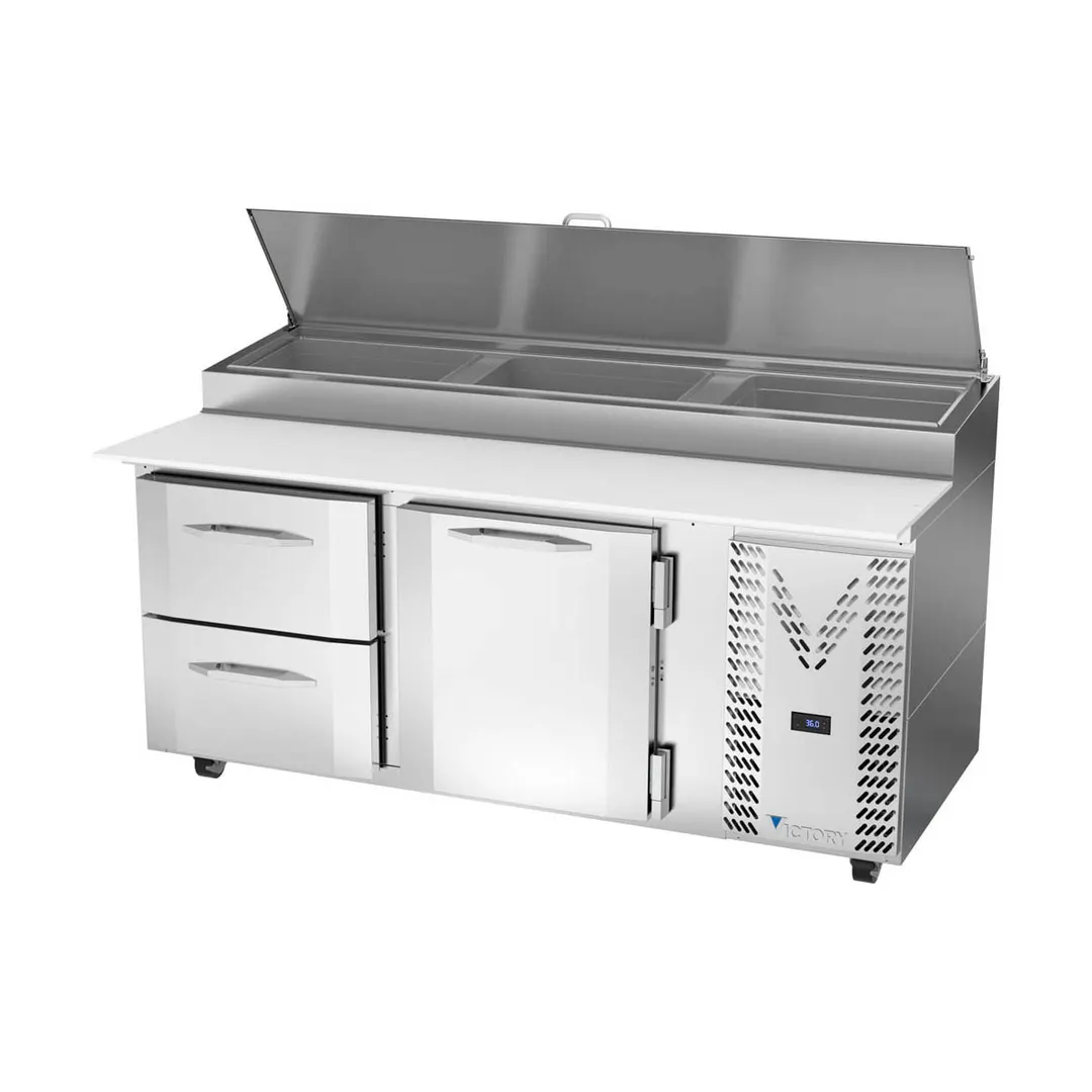 Victory VPPD72HC-2 72" 2-Section Refrigerated Pizza Prep Table w/ 1 Door & 2 Drawers
