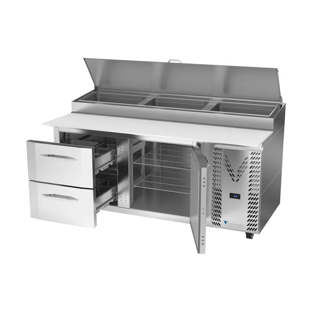 Victory VPPD72HC-2 72" 2-Section Refrigerated Pizza Prep Table w/ 1 Door & 2 Drawers