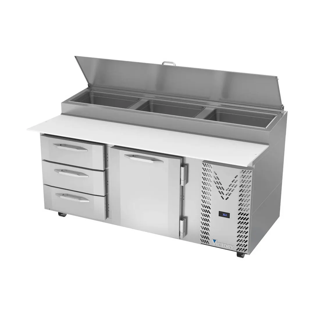 Victory VPPD72HC-3 72" 2-Section Refrigerated Pizza Prep Table w/ 1 Door & 3 Drawers