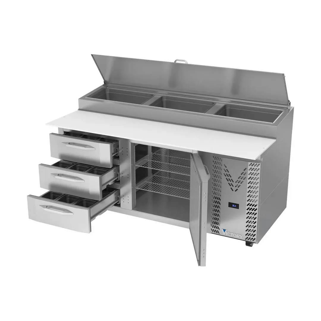 Victory VPPD72HC-3 72" 2-Section Refrigerated Pizza Prep Table w/ 1 Door & 3 Drawers