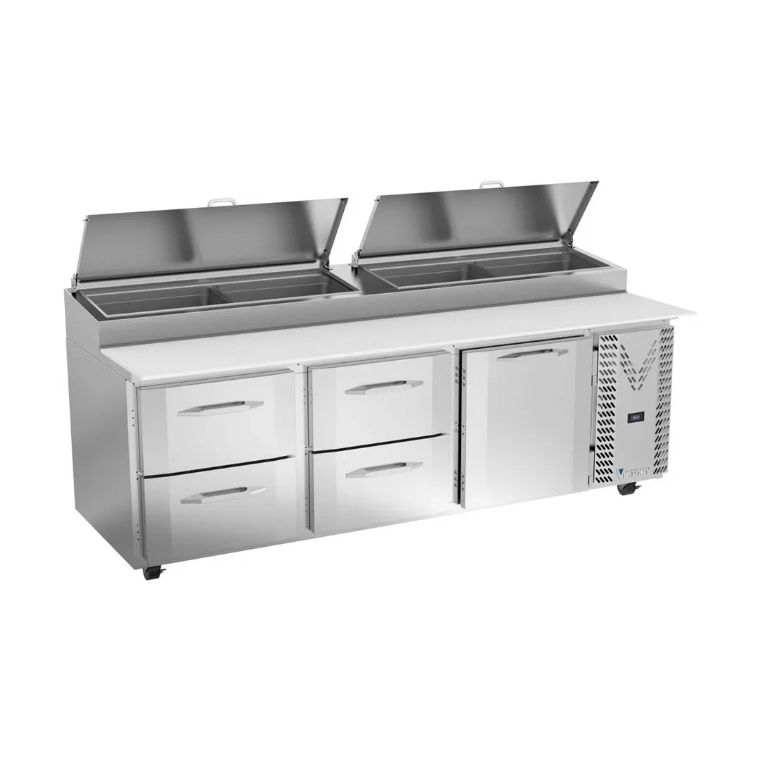 Victory VPPD93HC-4 93" 3-Section Refrigerated Pizza Prep Table w/ 1 Door & 4 Drawers
