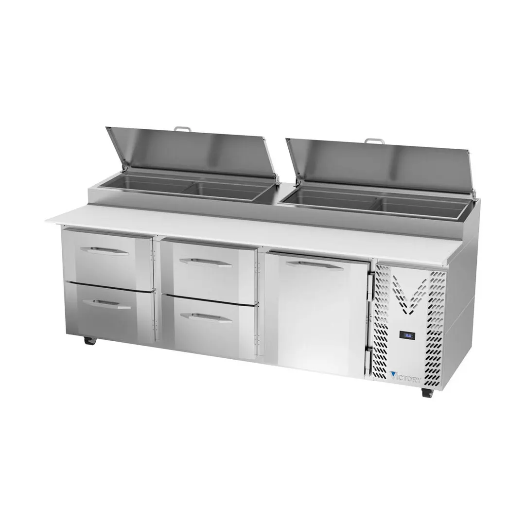 Victory VPPD93HC-4 93" 3-Section Refrigerated Pizza Prep Table w/ 1 Door & 4 Drawers