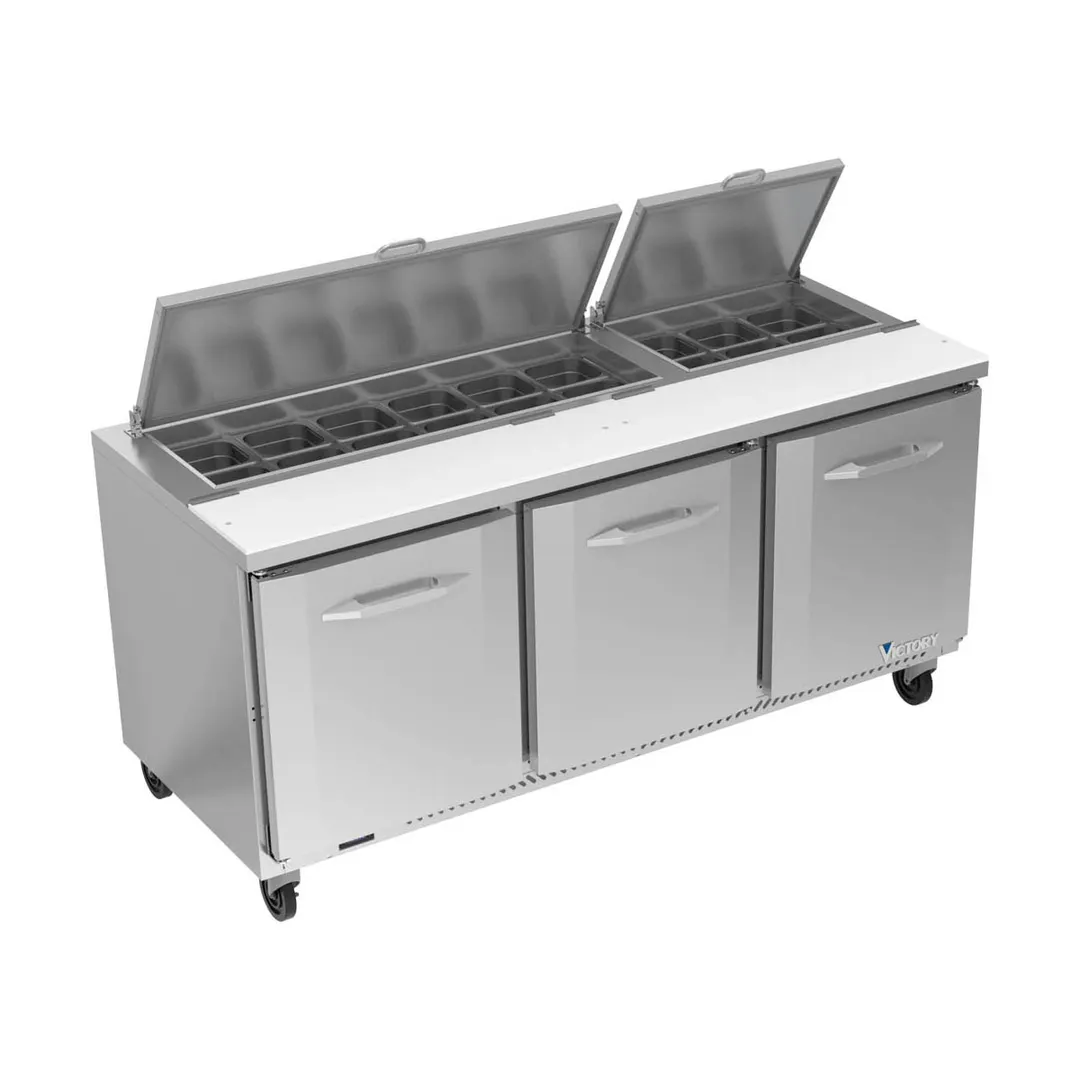 Victory VSP72HC-18 72" Three Section Sandwich / Salad Prep Table w/ 3 Doors, 18 Pans