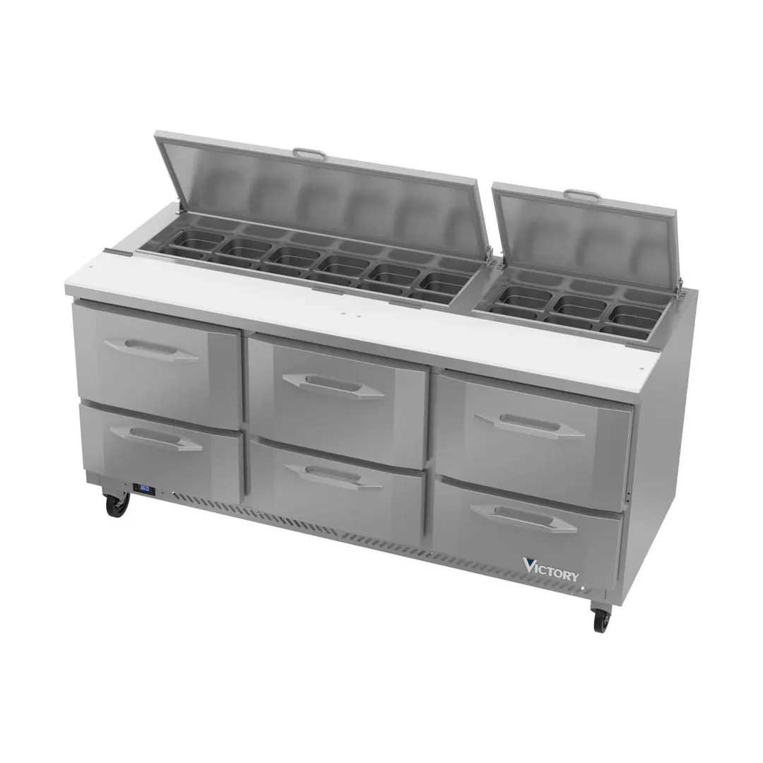 Victory VSPD72HC-18-6 72" Three Section Sandwich / Salad Prep Table w/ 6 Drawers, 18 Pans