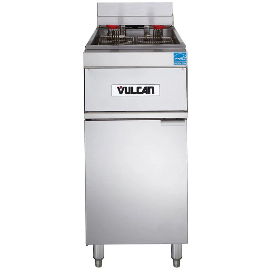 Vulcan 1ER50A Full Pot Floor Model Electric Fryer w/ 50-lb., Twin Baskets, Analog Controls