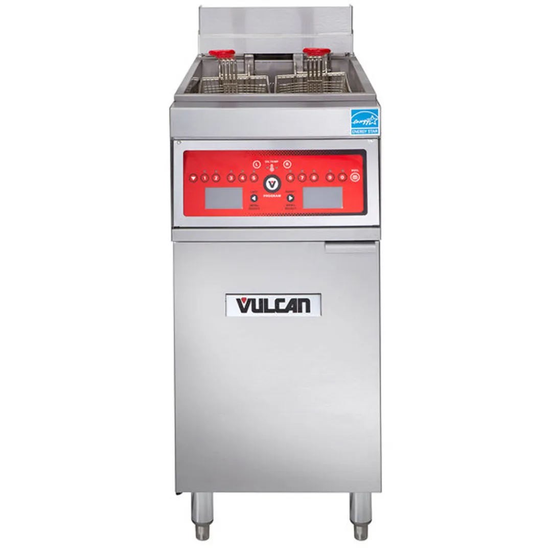 Vulcan 1ER50C Full Pot Floor Model Electric Fryer w/ 50-lb., Twin Baskets, Computer Controls