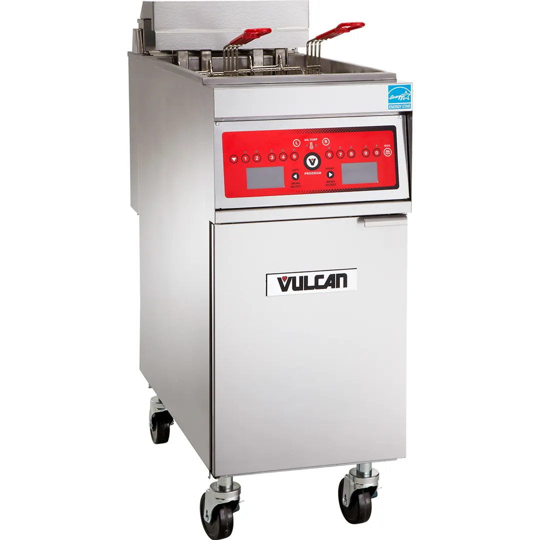 Vulcan 1ER50C Full Pot Floor Model Electric Fryer w/ 50-lb., Twin Baskets, Computer Controls