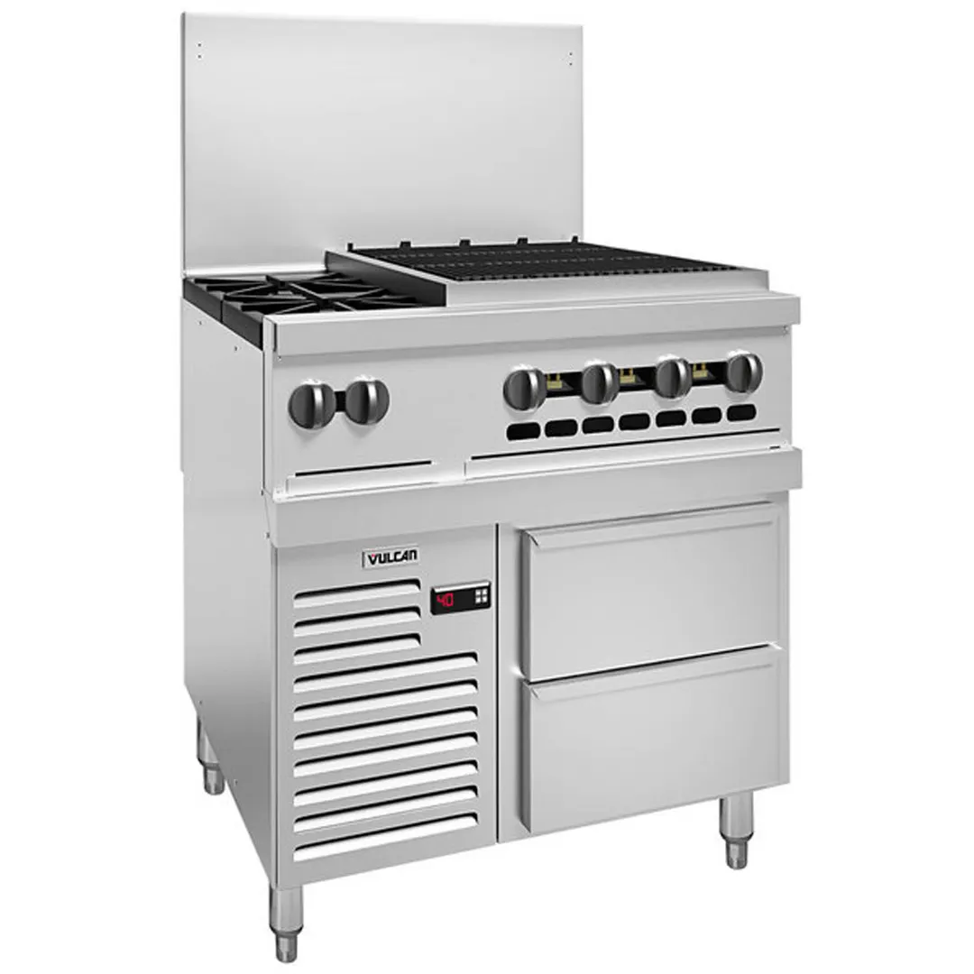 Vulcan 36R-2B24CB 36" Gas Restaurant Range w/ (2) Open Burners, 24" Charbroiler Right, (1) Refrigerated / Freezer Base, 124.000 BTU 