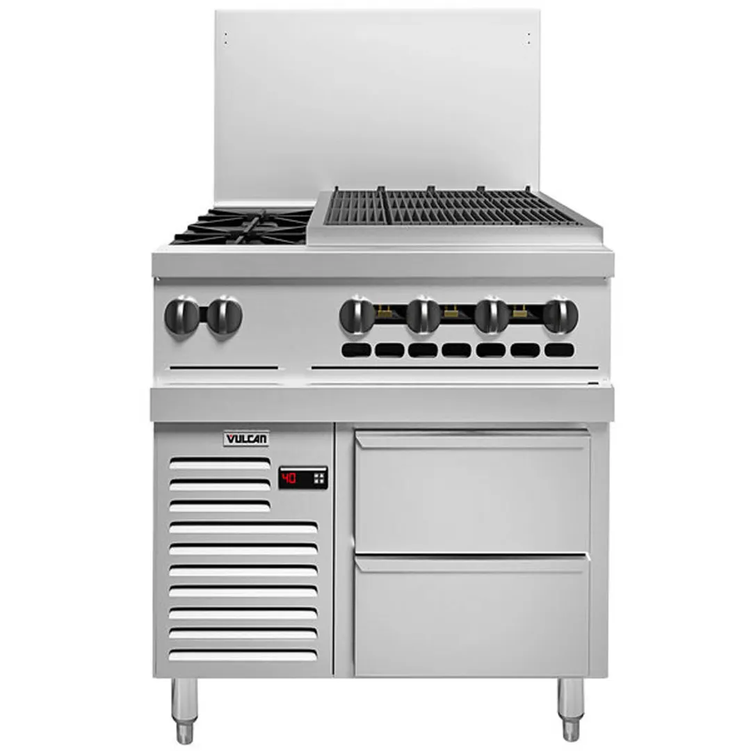 Vulcan 36R-2B24CB 36" Gas Restaurant Range w/ (2) Open Burners, 24" Charbroiler Right, (1) Refrigerated / Freezer Base, 124.000 BTU 