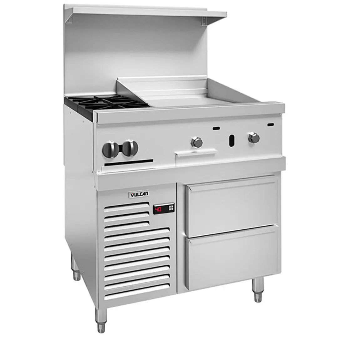 Vulcan 36R-2B24GT 36" Gas Restaurant Range w/ (2) Open Burners, 24" Griddle Right w/ Thermostatic Controls, (1) Refrigerated / Freezer Base, 100.000 BTU 
