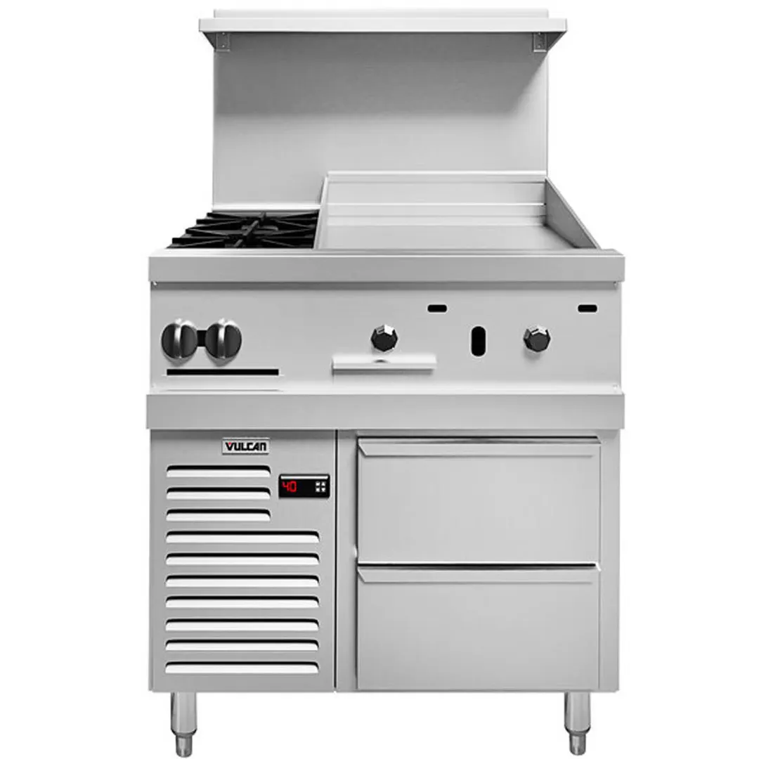 Vulcan 36R-2B24GT 36" Gas Restaurant Range w/ (2) Open Burners, 24" Griddle Right w/ Thermostatic Controls, (1) Refrigerated / Freezer Base, 100.000 BTU 