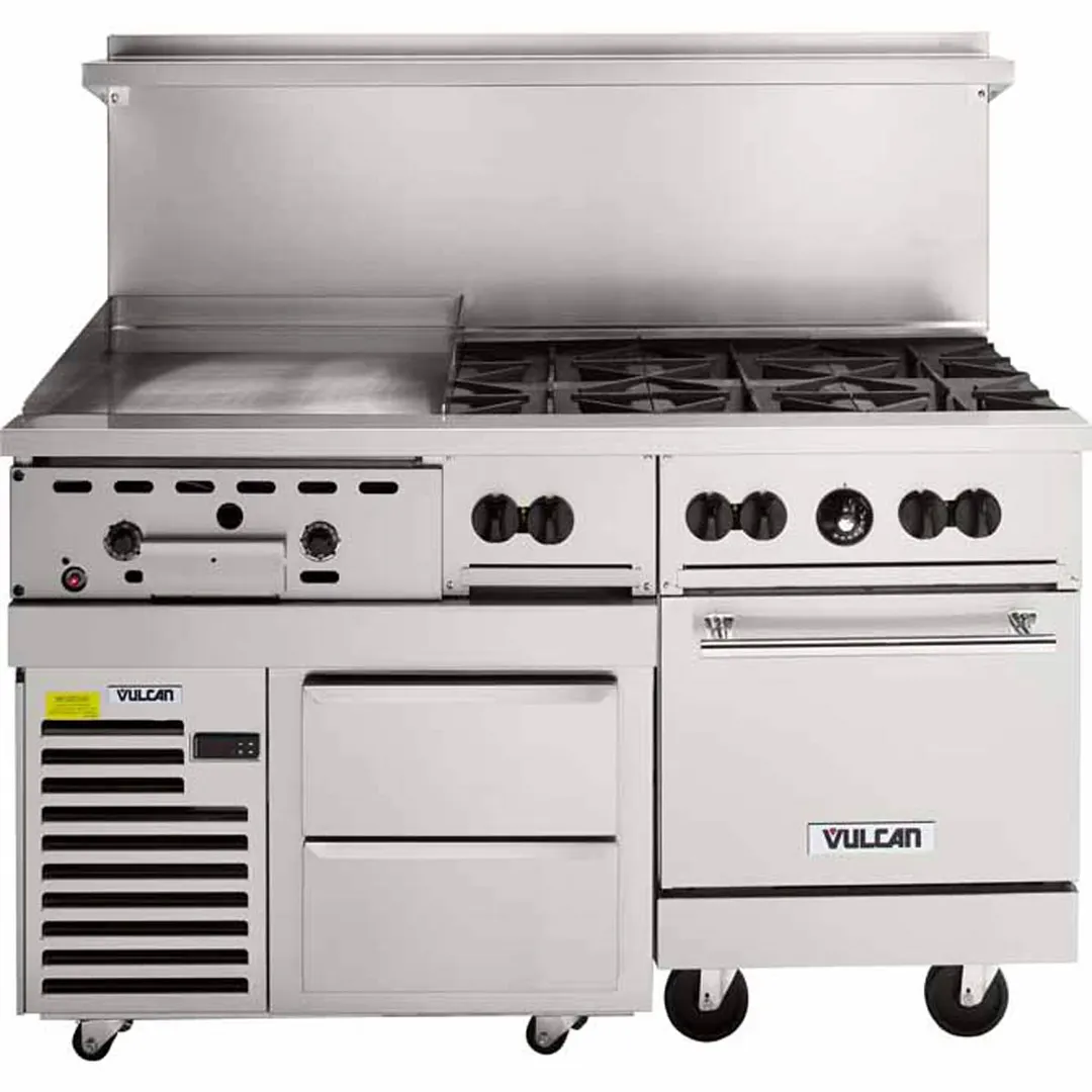 Vulcan 60RS-24G6B 60" Gas Restaurant Range w/ (6) Open Burners, 24" Griddle Left, (1) Standard Oven, (1) Refrigerated / Freezer Base, 220.000 BTU
