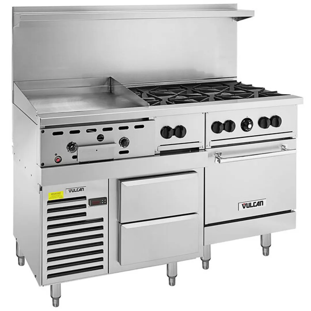 Vulcan 60RS-24GT6B 60" Gas Restaurant Range w/ (6) Open Burners, 24" Griddle Left w/ Thermostatic Controls, (1) Standard Oven, (1) Refrigerated / Freezer Base, 220.000 BTU 