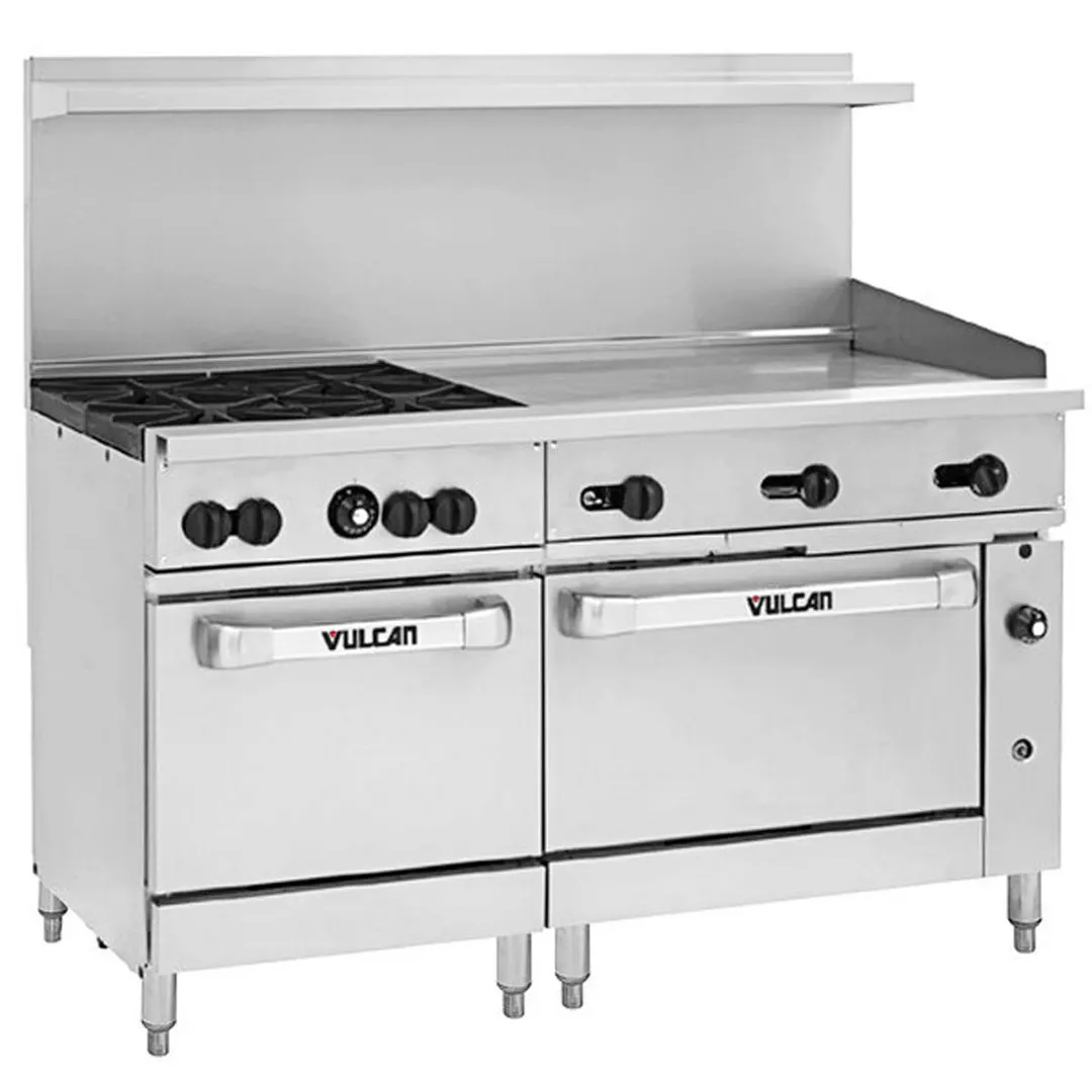 Vulcan 60RS-36GT4B 60" Gas Restaurant Range w/ (4) Open Burners, 36" Griddle Right w/ Thermostatic Controls, (1) Standard Oven, (1) Refrigerated / Freezer Base, 180.000 BTU